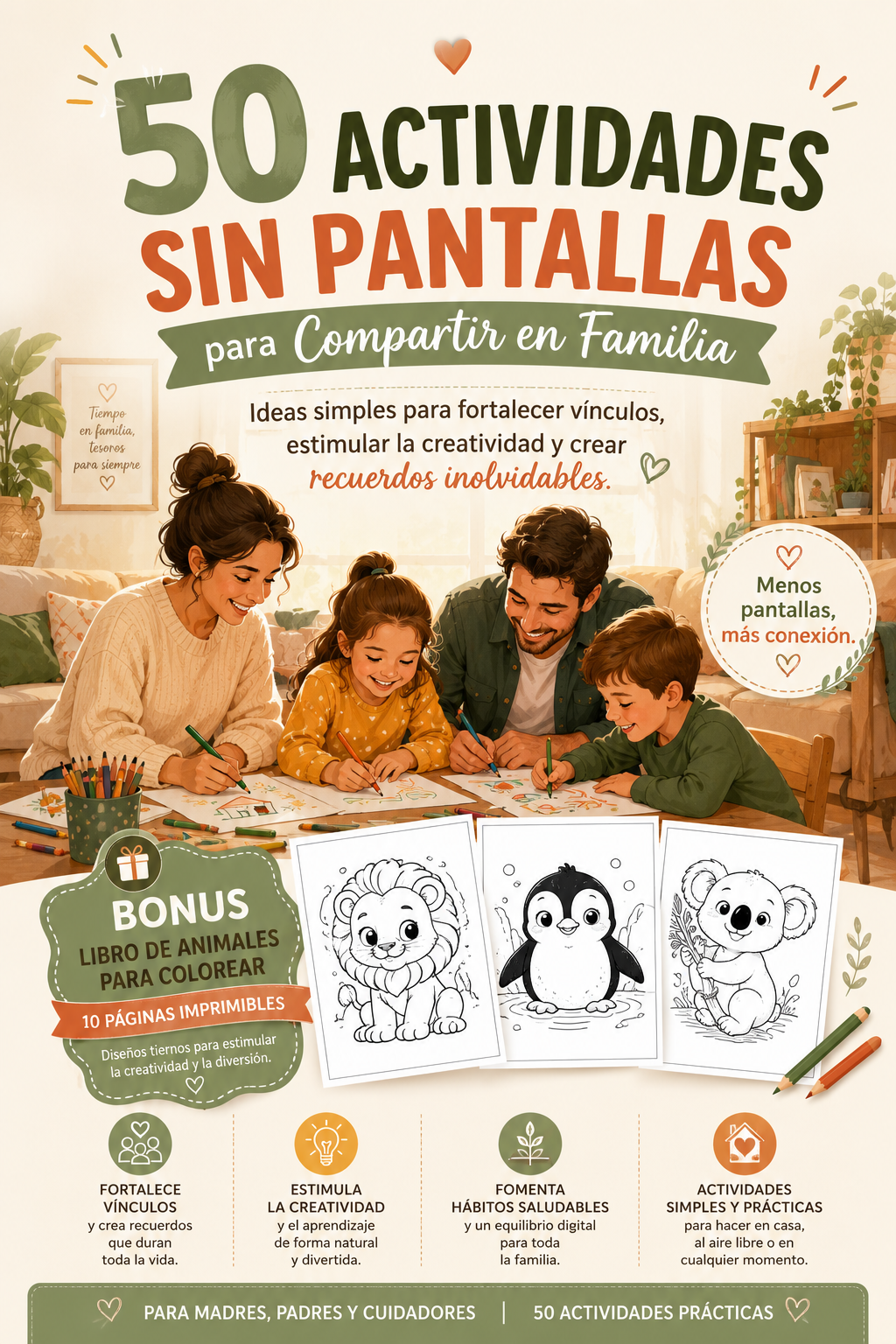 🧑‍🧑‍🧒‍🧒50 Actividades Sin Pantallas para Compartir en Familia + 🎁Bonus Libro para Colorear